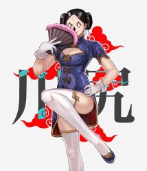 Rule 34 | 1girl, black hair, blue footwear, breasts, china dress, chinese clothes, cleavage, cleavage cutout, clothing cutout, cloud print, covering face, dorohedoro, double bun, dress, facial mark, feet out of frame, folding fan, genderswap, genderswap (mtf), gloves, grey background, hair bun, hand fan, hand on own hip, hand up, highres, holding, holding fan, kawajiri, ki (mxxxx), knee up, looking away, shoes, short sleeves, sideways glance, smile, solo, standing, standing on one leg, thighhighs, two-sided fabric, two-sided skirt, updo, white gloves, white thighhighs