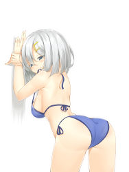 Rule 34 | 10s, 1girl, against wall, ass, back, bad id, bad pixiv id, bikini, blue bikini, breasts, grey eyes, hair ornament, hairclip, hamakaze (kancolle), highres, kantai collection, large breasts, leaning forward, looking at viewer, mouth hold, ootsuki momiji, ribbon, ribbon in mouth, side-tie bikini bottom, sideboob, silver hair, smile, solo, swimsuit, trefoil, untied bikini