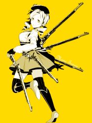 Rule 34 | 10s, 1girl, asarake, beret, blonde hair, boots, character name, corset, cowboy boots, drill hair, gun, hat, magical girl, magical musket, mahou shoujo madoka magica, mahou shoujo madoka magica (anime), monochrome, patterned legwear, pinstriped pattern, rifle, running, solo, striped clothes, striped thighhighs, thighhighs, tomoe mami, twin drills, twintails, vertical-striped clothes, vertical-striped thighhighs, weapon, yellow background, yellow eyes, yellow theme, zettai ryouiki