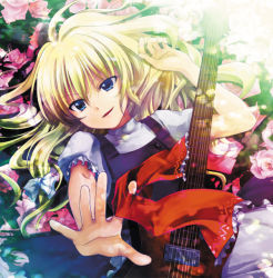 Rule 34 | 1girl, album cover, bad id, bad pixiv id, blonde hair, blue eyes, cover, female focus, flower, guitar, instrument, kirisame marisa, mikami mika, outstretched arm, outstretched hand, reaching, ribbon, solo, touhou