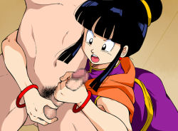 Rule 34 | 1boy, 1girl, black eyes, black hair, caressing testicles, censored, chi-chi (dragon ball), clothed female nude male, dragon ball, dragonball z, handjob, hetero, male pubic hair, mosaic censoring, nude, old school academy, open mouth, penis, pubic hair, testicles