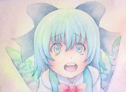Rule 34 | 1girl, blue eyes, blue hair, bow, cirno, hair bow, ice, ice wings, matching hair/eyes, open mouth, painting (medium), solo, teeth, touhou, traditional media, watercolor (medium), wings, yuyu (00365676)