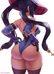 Rule 34 | 1girl, absurdres, ass, bare shoulders, breasts, detached sleeves, elbow gloves, from behind, genshin impact, gloves, hair ornament, hair ribbon, hat, highres, huge ass, leotard, long hair, looking away, medium breasts, mona (genshin impact), purple hair, ribbon, shiny clothes, shiny skin, sideboob, solo, superbusty, thick thighs, thighhighs, thighlet, thighs, thong leotard, twintails, very long hair