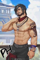 Rule 34 | 1boy, abs, warrior of light (ff14), bara, black hair, chinese commentary, commentary request, commission, final fantasy, final fantasy xiv, highres, large pectorals, male focus, mature male, muscular, muscular male, navel, nipples, pectorals, peterhl, solo, stomach, topless male