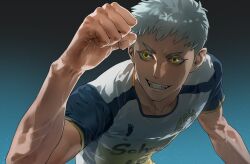 Rule 34 | 1boy, black background, blue background, character request, gradient background, grin, haikyuu!!, highres, hoxhdere, jersey, male focus, parted lips, short hair, short sleeves, smile, solo, teeth, upper body, v-shaped eyebrows, white hair, yellow eyes