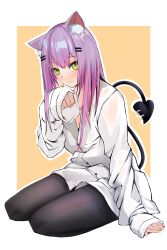 Rule 34 | 1girl, absurdres, alternate costume, alternate hairstyle, animal ear fluff, animal ears, arm support, black pantyhose, blush, cat ears, demon girl, dress shirt, eyelashes, green nails, hair down, hair ornament, hairclip, hand up, highres, hololive, long hair, looking at viewer, multicolored hair, multicolored nails, nail polish, pantyhose, paw pose, piercing, pink nails, purple hair, shirt, sitting, sleeves past wrists, solo, streaked hair, tail, tail ornament, tail piercing, therrao, tokoyami towa, virtual youtuber, wavy mouth, white shirt, yokozuwari