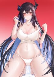 Rule 34 | 1girl, absurdres, asymmetrical horns, black hair, blue hair, blue nails, blush, breasts, cleavage, collarbone, gradient background, ha uiyeon, highres, hololive, hololive english, horns, kneeling, large breasts, looking at viewer, mole, mole under eye, navel, nerissa ravencroft, panties, red background, red eyes, smile, solo, sweat, tank top, underwear, white panties, white tank top