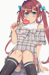 Rule 34 | 1girl, alternate costume, asagumo (kancolle), black socks, blush, brown hair, candy, dress, feet out of frame, food, green eyes, hair between eyes, hair ribbon, highres, holding, holding candy, holding food, holding lollipop, kantai collection, kneehighs, lollipop, long hair, miyako (rgrayt), off-shoulder dress, off shoulder, plaid, plaid dress, ribbon, short sleeves, smile, socks, solo, twintails