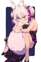 Rule 34 | 1girl, animal ear fluff, animal ears, bare shoulders, black dress, breasts, china dress, chinese clothes, dress, echo (circa), fate/grand order, fate (series), fox ears, fox girl, fox tail, hair between eyes, hugging own tail, hugging tail, koyanskaya (chinese lostbelt outfit) (fate), koyanskaya (fate), large breasts, long hair, looking at viewer, pink hair, sitting, solo, tail, tamamo (fate), yellow eyes