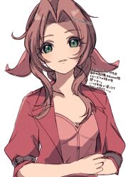 Rule 34 | 1girl, aerith gainsborough, breasts, brown hair, cleavage, dress, final fantasy, final fantasy vii, final fantasy vii remake, green eyes, hair ribbon, highres, jacket, looking at viewer, open clothes, open jacket, parted lips, pink dress, red jacket, ribbon, sana (sanaa653), small breasts, solo, twitter username, upper body, white background