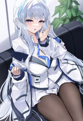 Rule 34 | 1girl, absurdres, black pantyhose, blue archive, blue necktie, formal, grey hair, halo, headgear, headphones, highres, id card, jacket, jacket partially removed, mechanical halo, necktie, noa (blue archive), pantyhose, purple eyes, skirt, solo, suit, tol10131, two-sided fabric, two-sided jacket, white hair, white halo, white jacket, white skirt, white suit