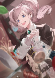 Rule 34 | 1girl, amira (shingeki no bahamut), belt, blazpu, blue eyes, blurry, blurry background, blurry foreground, brooch, capelet, collared shirt, drooling, food, fork, highres, interlocked fingers, jewelry, knife, light smile, long hair, long sleeves, open mouth, own hands together, pasta, pink hair, shingeki no bahamut, shirt, solo, spaghetti, twintails, upper body, white shirt