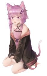 Rule 34 | 1girl, :d, animal ears, bare shoulders, barefoot, black jacket, cat ears, cat girl, cat tail, collarbone, commentary request, criss-cross halter, dress, fangs, full body, hair between eyes, hair ornament, halterneck, highres, jacket, kemonomimi mode, long hair, long sleeves, netamaru, off shoulder, open mouth, pink dress, pink eyes, pink hair, simple background, sitting, sleeves past wrists, smile, solo, tail, vocaloid, voiceroid, wariza, white background, yuzuki yukari