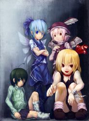 Rule 34 | 4girls, absurdres, against wall, alternate costume, antennae, aratama, bare shoulders, blonde hair, blue eyes, chain, cirno, clothes lift, collar, contemporary, crossed arms, dress, dress lift, fangs, fingernails, green hair, hand on another&#039;s chest, hand on own chest, hand wraps, hat, highres, long fingernails, loose socks, multiple girls, mystia lorelei, nail, pantyhose, pink hair, red eyes, rumia, short hair, sitting, skirt, socks, source request, squatting, tank top, team 9 (touhou), touhou, wings, wriggle nightbug