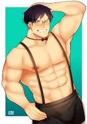 Rule 34 | 1boy, abs, absurdres, alternate pectoral size, bara, blue hair, blush, boku no hero academia, bulge, fujimachine (clayten), glasses, hand on own head, highres, iida tenya, large pectorals, looking at viewer, male focus, muscular, muscular male, nipples, pectorals, smile, solo, topless male