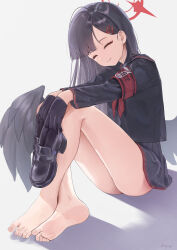 Rule 34 | 1girl, armband, ass, barefoot, black footwear, black gloves, black hair, black sailor collar, black serafuku, black wings, blue archive, closed eyes, closed mouth, feathered wings, gloves, hair ornament, hairclip, halo, highres, holding, holding shoes, ichika (blue archive), long hair, long sleeves, low wings, neckerchief, red armband, red halo, red neckerchief, rryiup, safety pin, sailor collar, school uniform, serafuku, shoes, smile, solo, unworn shoes, white background, wings