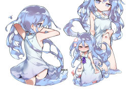 Rule 34 | &gt; &lt;, 1girl, armpits, arms up, ass, bare shoulders, blue eyes, blue hair, blush, breasts, closed mouth, dot mouth, highres, key 961, liquid hair, long hair, looking back, merc (merc storia), merc storia, mini person, minigirl, monster girl, navel, see-through silhouette, sideboob, slime girl, small breasts, solo, twitter username