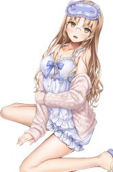 Rule 34 | 1girl, :d, absurdres, arm support, bare legs, blindfold, blush, breasts, camisole, collarbone, glasses, highres, jacket, jewelry, lavender footwear, light brown hair, long hair, looking at viewer, medium breasts, necklace, nijisanji, official alternate costume, open mouth, parted bangs, pink jacket, ribbed jacket, shorts, simple background, sister claire, sister claire (7th costume), sitting, sleepwear, slippers, smile, solo, tonelico1213, virtual youtuber, wariza, white background, yellow eyes