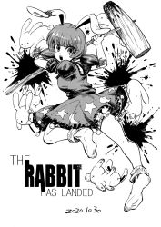 Rule 34 | 1girl, angry, animal ears, dated, dress, english text, frilled dress, frills, greyscale, heran hei mao, kine, looking at viewer, mallet, monochrome, open mouth, rabbit, rabbit ears, rabbit girl, seiran (touhou), short hair, short sleeves, socks, solo, touhou, v-shaped eyebrows, white background