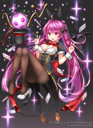 Rule 34 | 1girl, ahoge, animal ears, ball, black daisy (soccer spirits), bow, bowtie, braid, breasts, card, daisy (soccer spirits), demon tail, demon wings, double v, female focus, hat, high heels, highres, large breasts, long hair, pantyhose, purple hair, rabbit ears, red eyes, ribbon, serin199, shoe dangle, shoe loss, shoes, unworn shoes, single shoe, soccer ball, soccer spirits, solo, tail, top hat, underbust, v, very long hair, wings, wrist cuffs