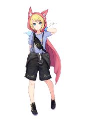 Rule 34 | 1girl, :o, animal hood, arm behind back, arm up, black footwear, black shorts, blonde hair, blush, cat hood, clothes around waist, full body, hair ornament, hairclip, highres, hood, kagamine rin, legs apart, looking at viewer, no socks, open mouth, pocket, purple shirt, shirt, shoes, short hair, short sleeves, shorts, signature, simple background, solo, standing, swept bangs, tareme, vocaloid, white background, zhayin-san, zipper