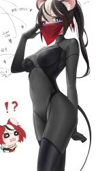 Rule 34 | !?, 1girl, absurdres, animal ears, black hair, blue eyes, bodysuit, chibi, chibi inset, commentary, hakos baelz, heart, highres, hololive, hololive english, long hair, looking at viewer, mask, mouse ears, mouse girl, mouse tail, mouth mask, multicolored hair, ponytail, red hair, simple background, skin tight, solo focus, somebody (leiking00), spoken heart, streaked hair, tail, virtual youtuber, white background, white hair