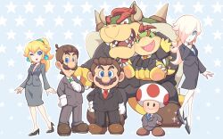 Rule 34 | 2girls, 5boys, antenna hair, aqua eyes, arm up, black footwear, black jacket, black pants, black skirt, blazer, blonde hair, blue background, blue eyes, blue necktie, blue shirt, blush, bowser, bowser jr., bright pupils, brothers, brown footwear, brown hair, carrying, claws, closed mouth, collared shirt, commentary request, earrings, eyelashes, facial hair, fang, father and son, floating, formal, full body, gloves, green necktie, grey jacket, grey pants, grey skirt, hair over one eye, hand up, hands on own hips, high heels, high ponytail, holding, horns, hoshikuzu pan, jacket, jewelry, lapels, lips, long hair, long sleeves, looking at viewer, luigi, mario, mario (series), multiple boys, multiple girls, mustache, necktie, nintendo, one eye closed, one eye covered, open mouth, orange necktie, pants, parted bangs, parted lips, pencil skirt, pink shirt, pocket, ponytail, princess peach, red hair, red necktie, rosalina, sharp teeth, shell, shirt, shoes, short hair, siblings, sidelocks, simple background, skirt, smile, smirk, sparkle, sphere earrings, spiked shell, spiked tail, spikes, standing, star (symbol), star earrings, starry background, suit, swept bangs, tail, teeth, toad (mario), turtle shell, waistcoat, waving, white gloves, white pupils, white shirt