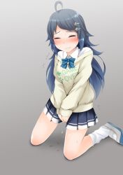 Rule 34 | 1girl, ahoge, between legs, blue bow, blue bowtie, blue footwear, blue hair, blue skirt, blush, bow, bowtie, breasts, closed eyes, closed mouth, clothes writing, embarrassed, english text, female focus, full body, gokiburi no dashi, gradient background, grey background, hair ornament, hairclip, hand between legs, have to pee, highres, inohara koboshi, kneeling, long hair, long sleeves, loose socks, miniskirt, nose blush, ongeki, own hands together, peeing, peeing self, pleated skirt, school uniform, shirt, shoes, simple background, skirt, small breasts, socks, solo, sweat, sweater, tears, trembling, v arms, white shirt, white socks, yellow sweater