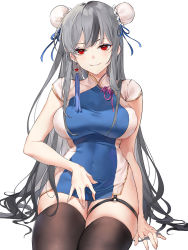 Rule 34 | 1girl, arm support, black thighhighs, blush, breasts, bun cover, china dress, chinese clothes, covered navel, double bun, dress, earrings, emyo, eyeliner, grey hair, grey panties, hair bun, highres, jewelry, large breasts, long hair, looking at viewer, makeup, original, panties, parted lips, red eyes, short dress, side slit, sidelocks, simple background, sitting, smile, thigh strap, thighhighs, underwear, very long hair, white background