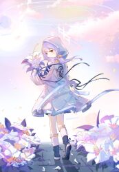 Rule 34 | 1girl, atsuko (blue archive), blue archive, bouquet, bow, flower, hair bow, halo, highres, holding, holding bouquet, hood, hood up, light smile, looking at viewer, looking back, purple hair, red eyes, rizuaki, solo, walking away, yellow bow