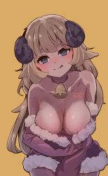 Rule 34 | 1girl, :q, bare shoulders, bell, black horns, blonde hair, blush, breasts, cleavage, clothes pull, collarbone, commentary, cowboy shot, dress, dress pull, elbow gloves, elun (elun 00), fur-trimmed dress, fur trim, gloves, grey eyes, highres, hololive, horns, large breasts, long hair, looking at viewer, neck bell, red dress, romaji commentary, santa dress, santa gloves, sheep girl, sidelocks, signature, solo, tongue, tongue out, tsunomaki watame, virtual youtuber, yellow background