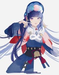 Rule 34 | 1girl, blue dress, blunt bangs, bonnet, capelet, commentary, cropped torso, dress, fur-trimmed capelet, fur trim, genshin impact, grey background, hair ornament, hand up, highres, kushami deso, long hair, looking up, parted lips, pink capelet, pom pom (clothes), pom pom hair ornament, purple hair, red eyes, simple background, solo, tassel, unfinished, upper body, vision (genshin impact), yun jin (genshin impact)