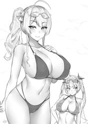 Rule 34 | 2girls, ahoge, azur lane, bikini, bow, breasts, eyewear on head, goggles, goggles on head, greyscale, hair bow, honolulu (summer accident?!) (azur lane), kuavera, large breasts, looking at viewer, monochrome, multiple girls, pout, side ponytail, swimsuit, twintails, zara (poolside coincidence) (azur lane)