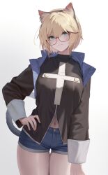 Rule 34 | 1girl, absurdres, animal ear fluff, animal ears, blonde hair, blue jacket, blue shorts, breasts, cat ears, cat girl, cat tail, cowboy shot, cropped jacket, glasses, green eyes, highres, jacket, long sleeves, looking at viewer, medium breasts, navel, nine (kanine41), original, shirt, short hair, shorts, smile, solo, tail, white background