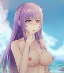 Rule 34 | 1girl, blue sky, blurry, blurry background, blush, breasts, collarbone, day, fengzi200101, hair between eyes, long hair, looking at viewer, medium breasts, mo qingxian, nipples, nude, open mouth, outdoors, purple eyes, purple hair, sky, solo, straight hair, upper body, very long hair, vocaloid, vsinger