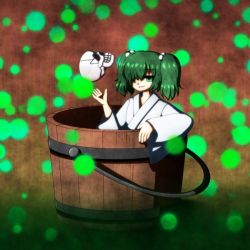Rule 34 | 1girl, bucket, empty eyes, female focus, green eyes, hair bobbles, hair ornament, ilk, in bucket, in container, kisume, long sleeves, short hair, skull, smile, solo, touhou, twintails, wide sleeves