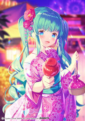 Rule 34 | 1girl, :d, blue eyes, blurry, blurry background, blush, candy apple, commentary request, depth of field, fingernails, floral print, food, green hair, hands up, hatsune miku, highres, holding, holding food, ikari (aor3507), japanese clothes, kimono, long hair, long sleeves, looking at viewer, obi, open mouth, pink kimono, print kimono, sash, smile, solo, twintails, very long hair, vocaloid, watermark, web address, wide sleeves