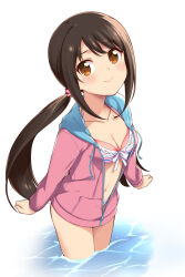Rule 34 | 1girl, bikini, black hair, blush, breasts, brown eyes, cleavage, closed mouth, collarbone, from above, front-tie bikini top, front-tie top, hair tie, idolmaster, idolmaster cinderella girls, idolmaster cinderella girls starlight stage, jacket, long hair, long sleeves, looking at viewer, looking up, low twintails, medium breasts, mitsuki meia, nakano yuka, partially unzipped, pink jacket, red bikini, smile, solo, striped bikini, striped clothes, swimsuit, twintails, wading, water, white background, zipper, zipper pull tab