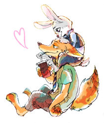 Rule 34 | artist request, rabbit, carrying, cup, disney, disposable cup, drink, drinking straw, fox, from side, furry, heart, judy hopps, necktie, nick wilde, no humans, police, police uniform, shoulder carry, simple background, sitting, uniform, white background, zootopia