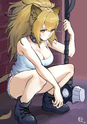 Rule 34 | 1girl, absurdres, animal ears, arknights, black footwear, boots, breasts, cleavage, highres, holding, holding weapon, kolomari, large breasts, lion ears, lion girl, lion tail, long hair, looking at viewer, short shorts, shorts, sidelocks, siege (arknights), solo, squatting, studded choker, tail, tank top, weapon, white tank top, yellow eyes