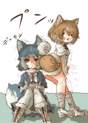 Rule 34 | 10s, 2girls, anger vein, animal ears, black hair, boots, commentary request, dog (shiba inu) (kemono friends), dog ears, dog tail, elbow gloves, gloves, harness, highres, jacket, kemono friends, light brown hair, motocompoooo, multicolored hair, multiple girls, necktie, pantyhose, pleated skirt, scarf, shoes, short hair, short sleeves, shorts, siberian husky (kemono friends), sitting, skirt, sneakers, socks, tail, tongue, tongue out, white hair