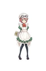 Rule 34 | arms behind back, black footwear, black pantyhose, dress, full body, goggles, goggles on headwear, green dress, green eyes, hair ornament, hat, highres, holding, holding tray, maid, official art, pantyhose, princess principal, princess principal game of mission, red hair, shoes, short hair, solo, standing, tina flywheel, transparent background, tray, white hat, x hair ornament