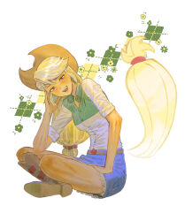 Rule 34 | 1girl, absurdres, applejack, applejack (equestria girls), belt, blonde hair, boots, cinnamanhwa, collared shirt, colored skin, commentary request, cowboy boots, cowboy hat, denim, denim skirt, freckles, full body, green eyes, hand on own cheek, hand on own face, hat, highres, horse girl, horse tail, indian style, korean commentary, lace, lace-trimmed skirt, lace trim, long hair, looking at viewer, low-tied long hair, my little pony, my little pony: equestria girls, my little pony: friendship is magic, open mouth, personification, shirt, sitting, skirt, sleeves rolled up, smile, solo, tail, yellow skin