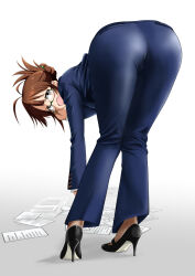 Rule 34 | 1girl, akizuki ritsuko, antenna hair, ass, ass focus, bent over, black-framed eyewear, black footwear, blue jacket, blue pants, blurry, blurry background, blush, bow, breasts, brown eyes, brown hair, dot nose, folded ponytail, formal, from behind, glasses, gradient background, green bow, grey background, hair bow, hand up, high heels, idolmaster, idolmaster (classic), idolmaster million live!, idolmaster million live! theater days, jacket, large breasts, long sleeves, looking at viewer, looking back, minpei ichigo, office lady, open mouth, pants, papers, shirt, short hair, simple background, solo, v-shaped eyebrows, white background, white shirt
