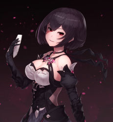 Rule 34 | 1girl, absurdres, bad id, bad pixiv id, bare shoulders, black choker, black gloves, black hair, breasts, choker, cleavage, clothing cutout, collarbone, detached sleeves, elbow gloves, evil smile, eyelashes, from side, gloves, hair between eyes, hair flaps, highres, juliet sleeves, king&#039;s raid, long sleeves, medium breasts, no wings, parted lips, puffy sleeves, red eyes, ribbon choker, shaded face, short hair, side cutout, smile, solo, upper body, v-shaped eyebrows, xerah (king&#039;s raid), yu mochi (kamiinu)