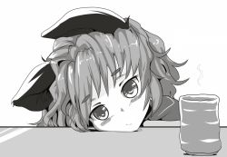 Rule 34 | 1girl, :/, animal ears, blush, capelet, cup, expressionless, female focus, head rest, ishikkoro, monochrome, mouse ears, mug, nazrin, short hair, solo, touhou