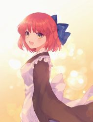Rule 34 | 1girl, apron, blue bow, blush, bow, brown kimono, commentary, frilled apron, frills, hair bow, half updo, highres, japanese clothes, kimono, kohaku (tsukihime), looking at viewer, maid, maid apron, open mouth, red hair, short hair, smile, solo, tsukihime, wa maid, white apron, wide sleeves, wkm ko6, yellow eyes