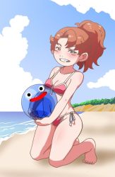 Rule 34 | 1girl, beach, blush, breasts, cleavage, cloud, commentary request, curly hair, dragon quest, dragon quest vii, green eyes, looking at viewer, maribel (dq7), medium hair, open mouth, red hair, sky, slime (dragon quest), smile, solo, swimsuit