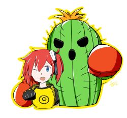 Rule 34 | aiba ami, blue eyes, boxing gloves, cactus, digimon, one eye closed, red hair, togemon, wink