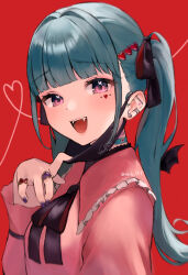 Rule 34 | 1girl, :d, absurdres, black ribbon, blunt bangs, blush, breasts, collar, commentary request, ear piercing, earrings, eyelashes, fang, frilled collar, frills, green hair, hair ornament, hair ribbon, hand up, hatsune miku, head tilt, heart, heart-shaped ornament, heart-shaped pupils, heart hair ornament, heart of string, highres, jewelry, long hair, long sleeves, mask, mask pull, mouth mask, nail polish, open mouth, piercing, pink collar, pink hair, pink shirt, pulling own clothes, purple nails, red background, ribbon, ring, seductive smile, shirt, sidelocks, simple background, small breasts, smile, solo, stud earrings, symbol-shaped pupils, tananuki, teeth, twintails, twitter username, upper body, upper teeth only, vampire, vampire (vocaloid), vocaloid
